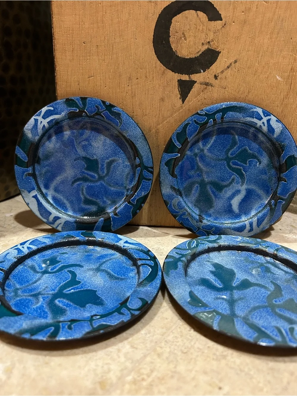 vintage handmade enamel on copper decorative Blue Drink Coaster Set of 4